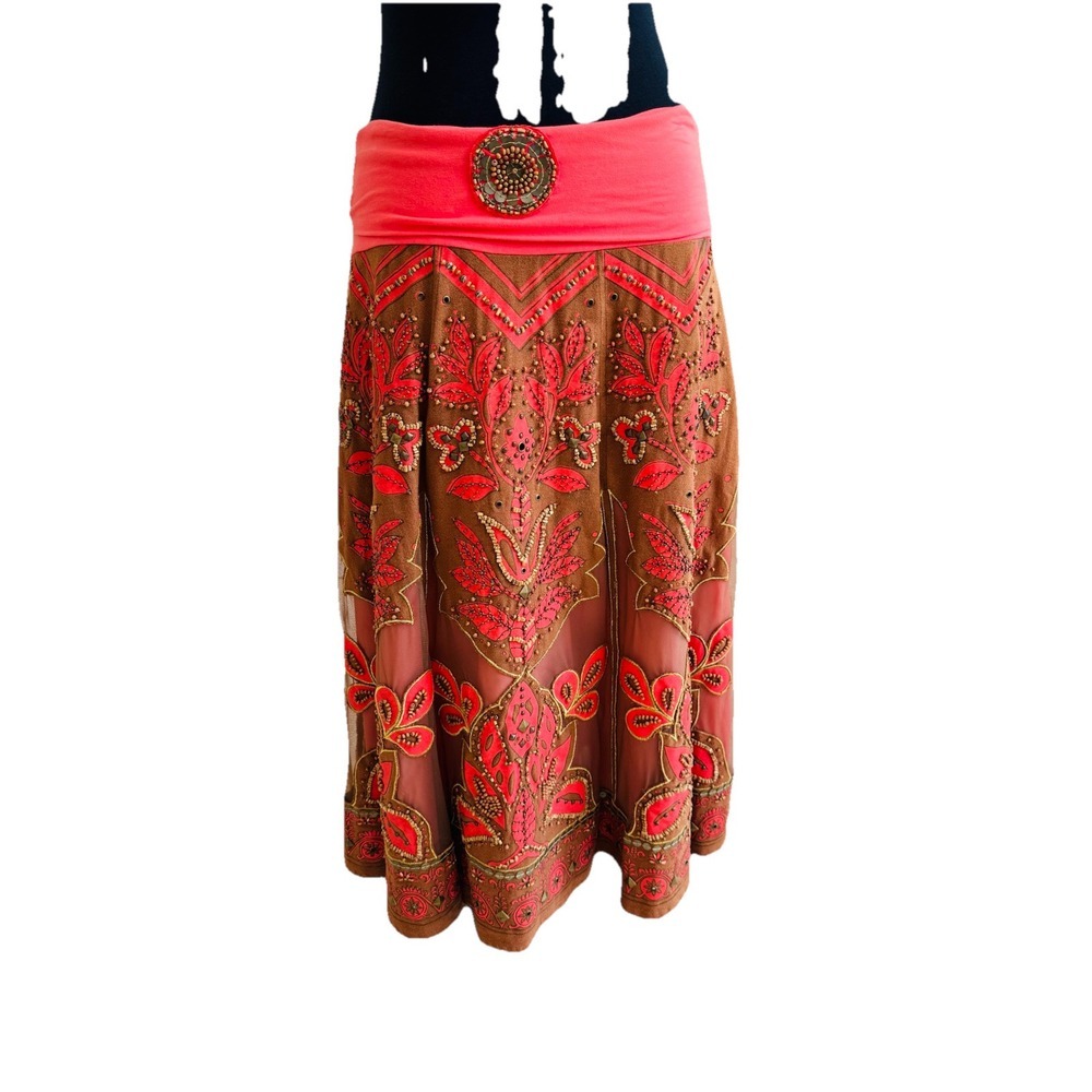 Basil & Maude Skirt Woman's Sz. 2 Midi A Line Burnt‎ Orange Embellished Beaded
